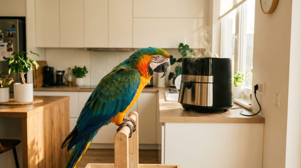 pet parrot in kitchen with air fryer on counter bird safety question
