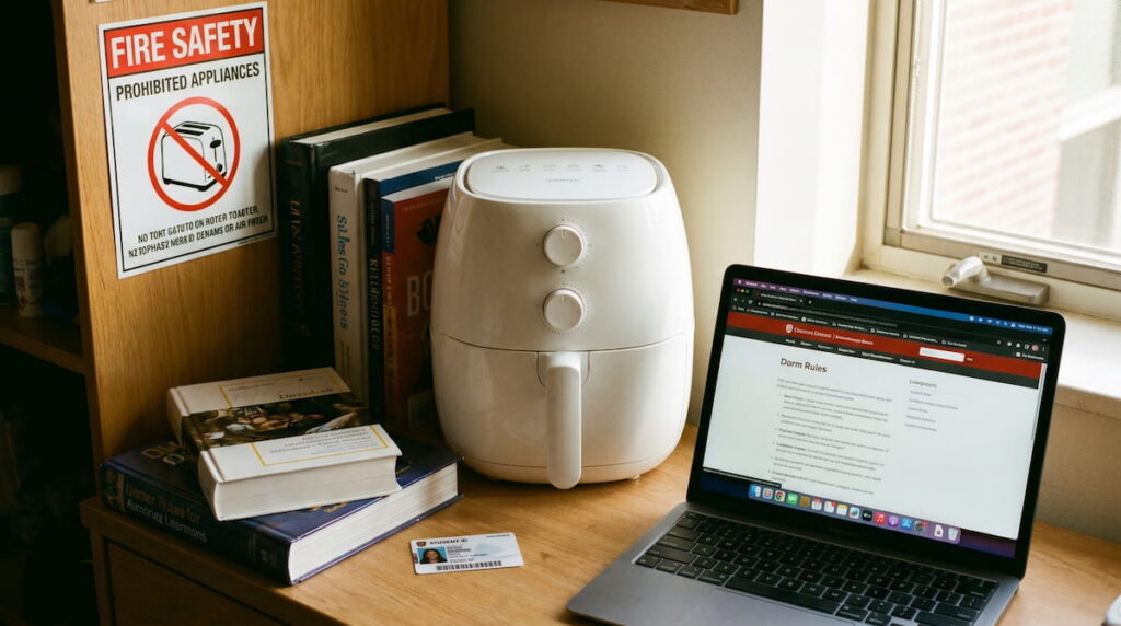 compact air fryer on college dorm room desk next to laptop textbooks