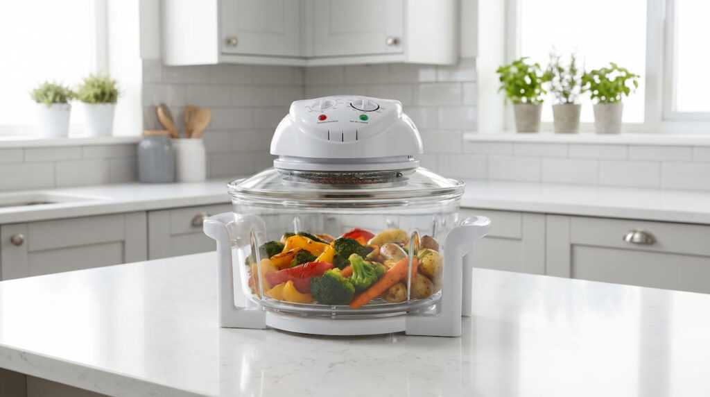 glass air fryer with vegetables inside showing transparent cooking chamber