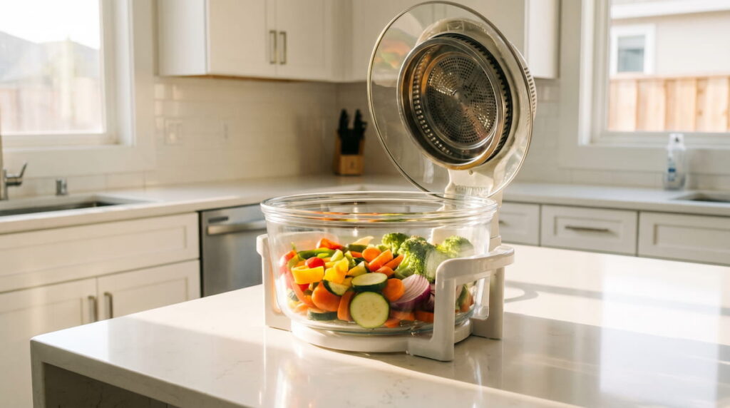 glass air fryer open lid fresh vegetables inside transparent bowl kitchen