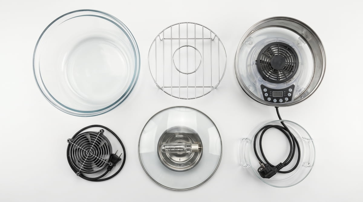 glass air fryer components separated bowl stainless rack lid halogen element