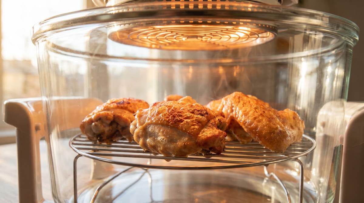 glass air fryer cooking chicken inside clean glass bowl stainless rack