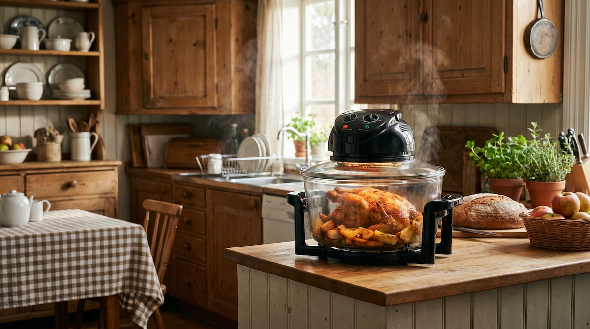 glass air fryer with crispy chicken visible through transparent bowl family kitchen