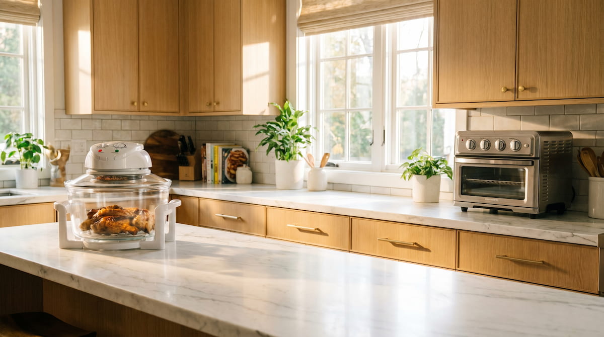 glass air fryer and stainless steel air fryer both on family kitchen counter