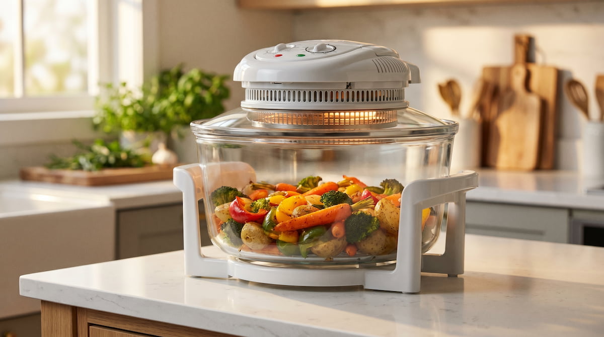 glass bowl air fryer with no coating and no plastic smell cooking vegetables