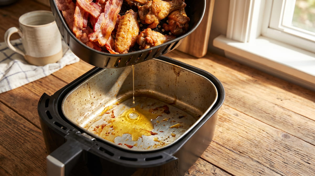 grease dripping from overfilled air fryer basket fire risk