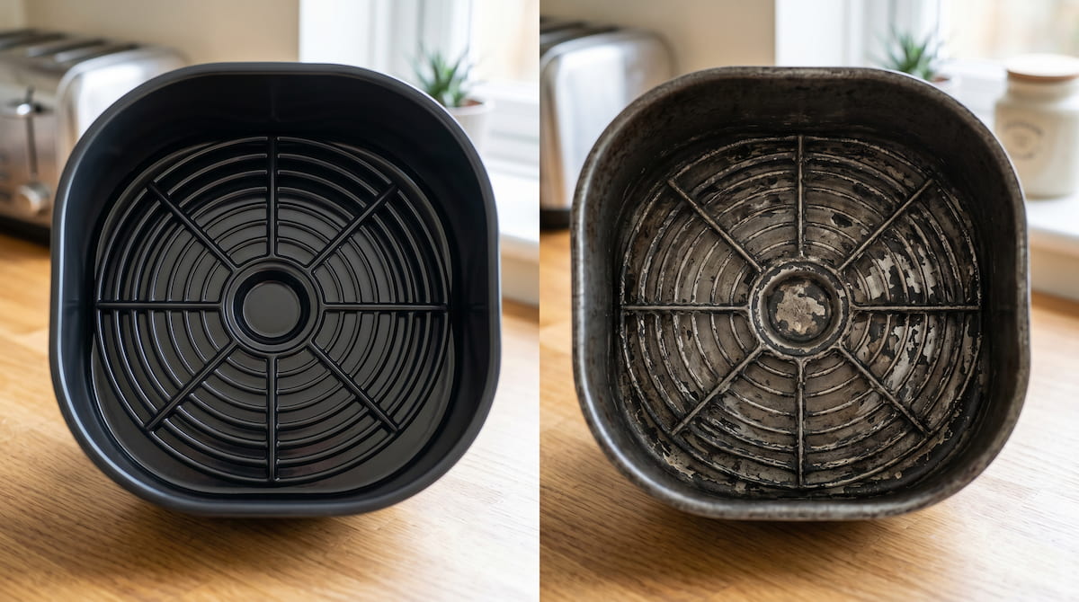 Healthy air fryer basket coating compared with a worn rough coating
