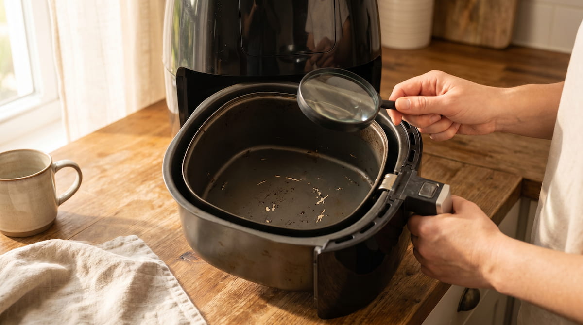 inspecting air fryer basket for coating damage safety check