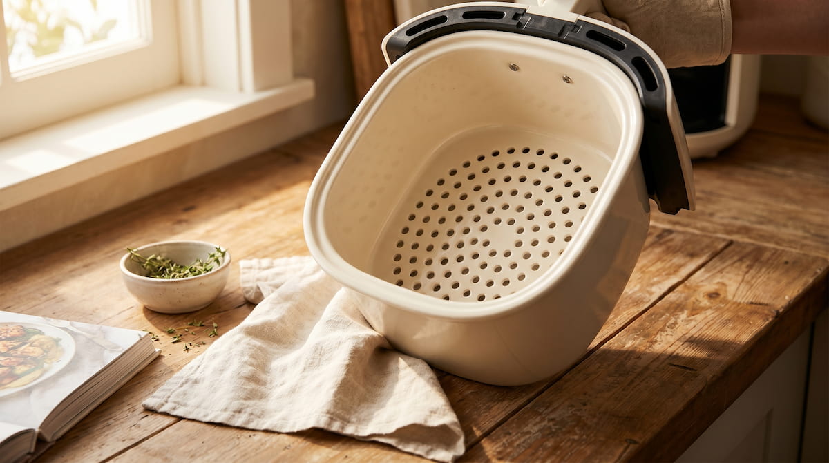 inspecting clean air fryer basket before cooking daily safety check