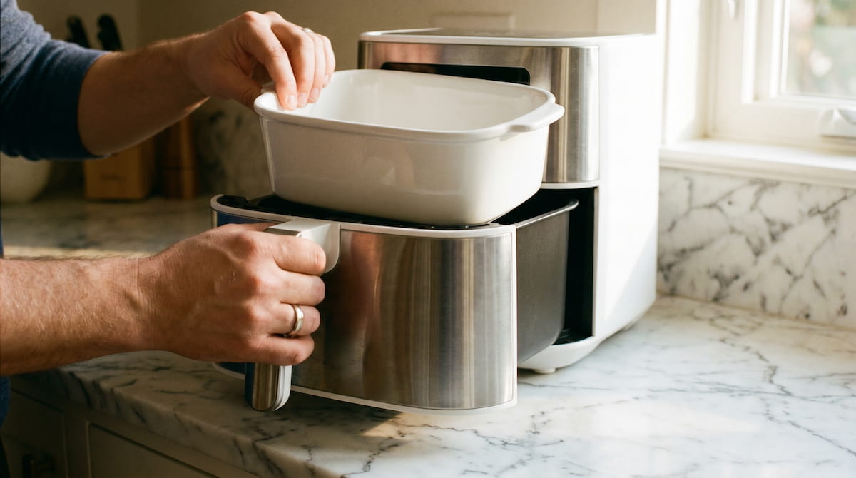 installing new ceramic replacement basket into air fryer unit