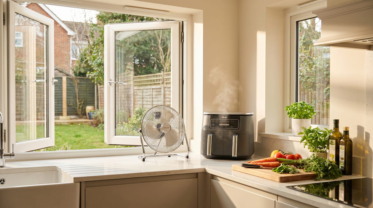 kitchen ventilation with window open while air fryer cooks safely