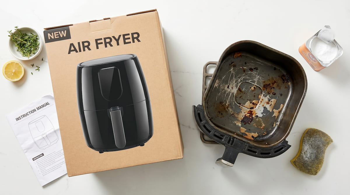 new air fryer box versus old scratched basket burnt plastic smell comparison