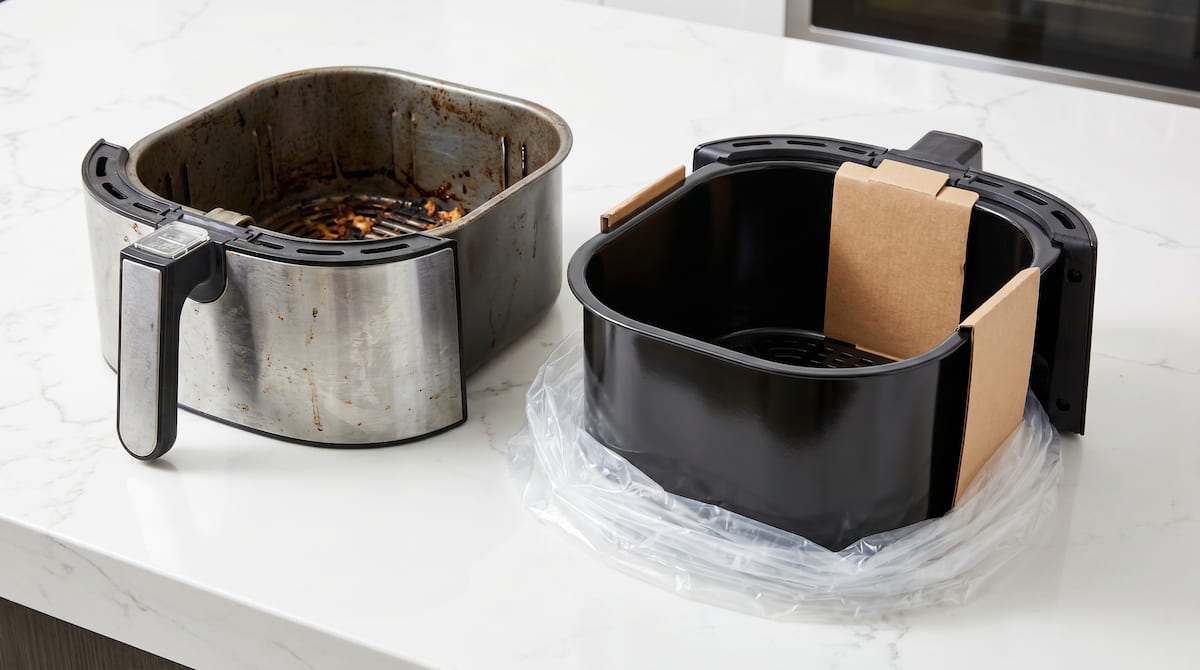 new ceramic air fryer basket replacing old scratched basket