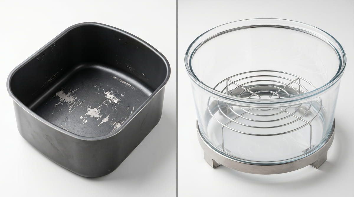 scratched nonstick air fryer basket versus clean glass air fryer comparison