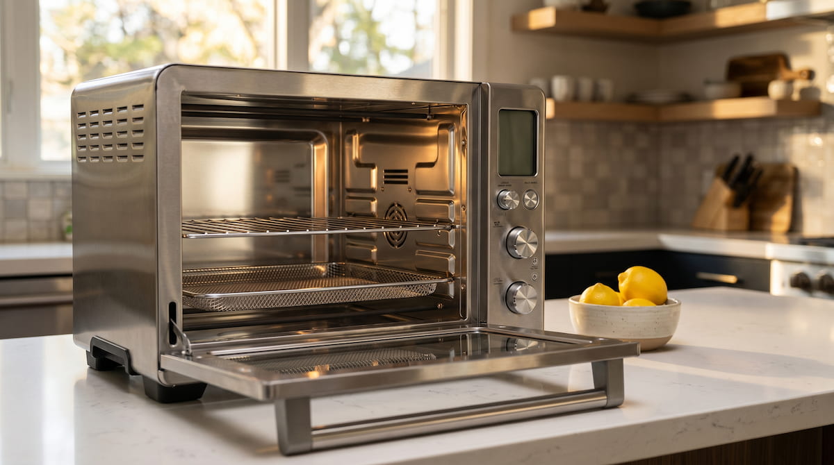 oven style stainless steel air fryer open door showing non toxic interior