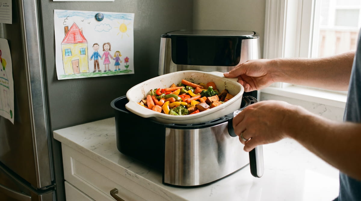 parent loading ceramic air fryer basket family kitchen child home background