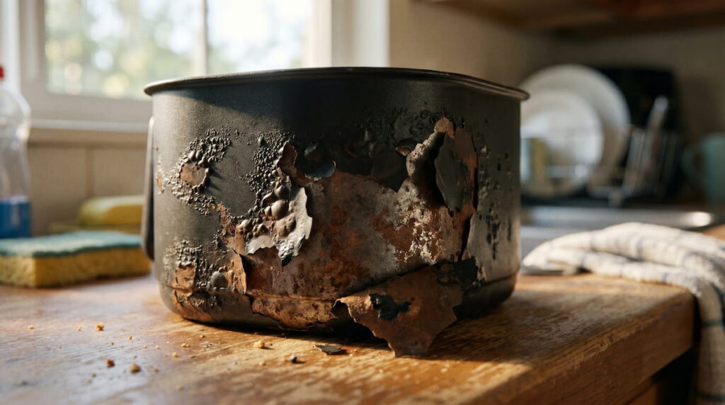 Peeling air fryer basket with damaged nonstick coating
