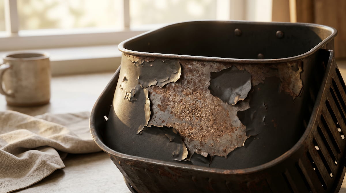 Peeling air fryer basket with rough damaged coating