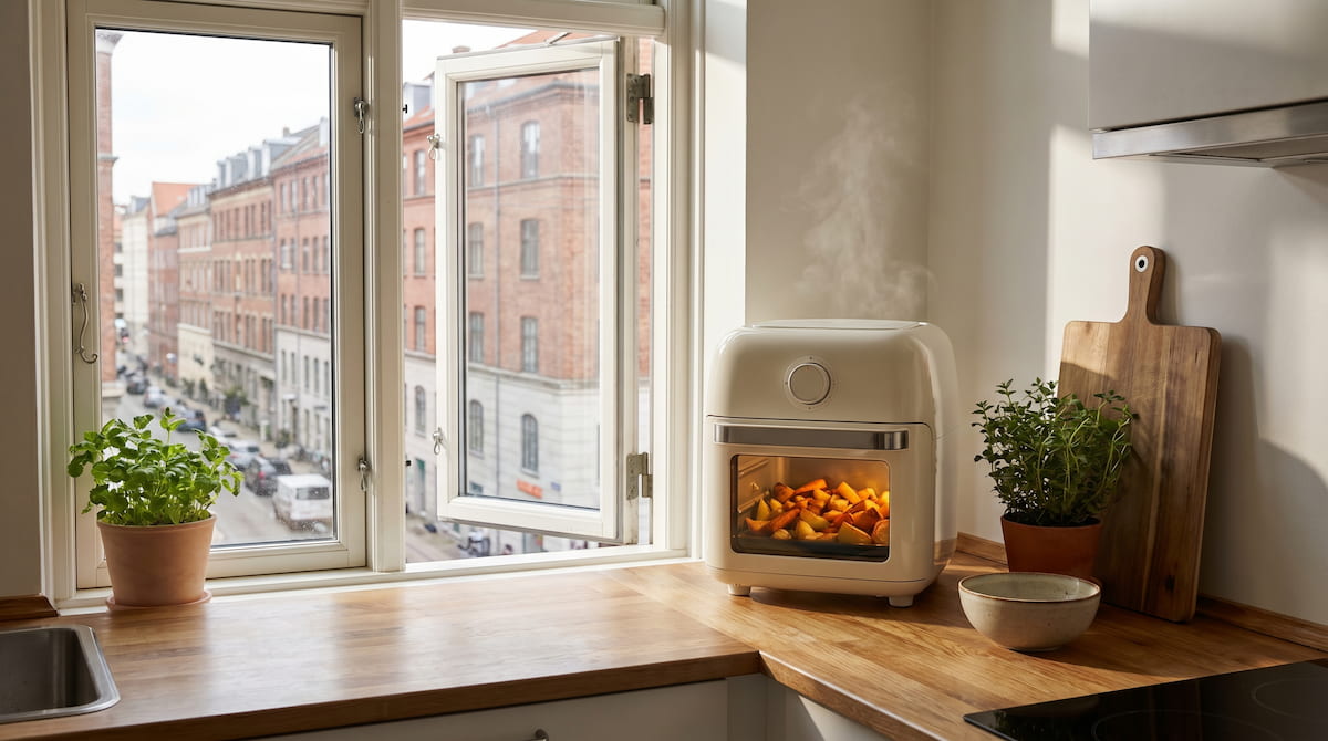 PFAS free ceramic air fryer cooking vegetables apartment open window city view