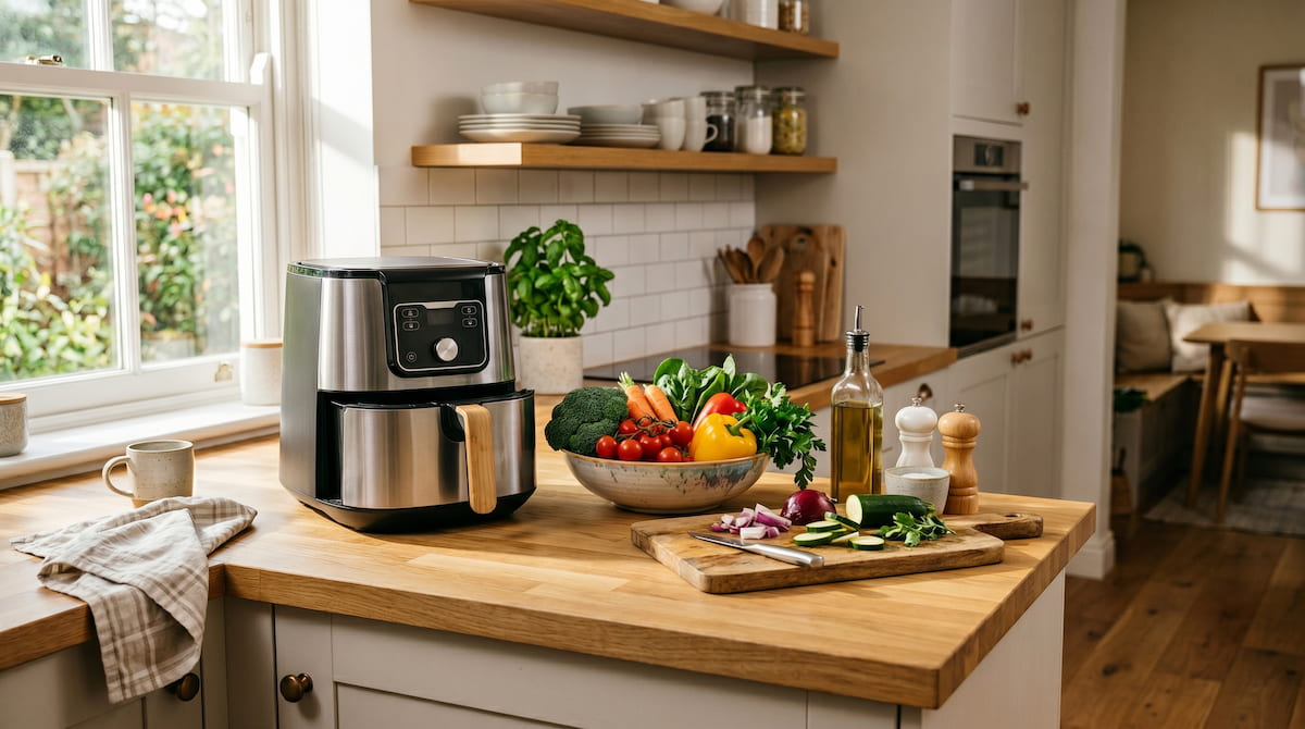 Clean family kitchen with PFAS-free air fryer — healthy cooking upgrade for families in 2026