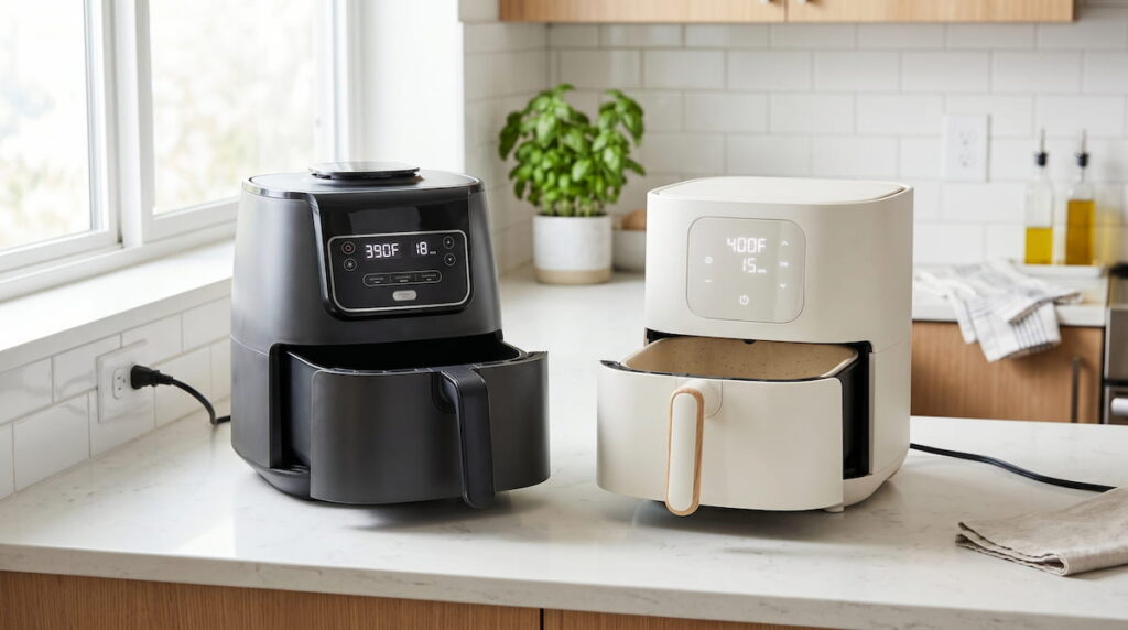 PFAS-free ceramic and regular nonstick air fryers on kitchen counter — is PFAS-free worth the upgrade