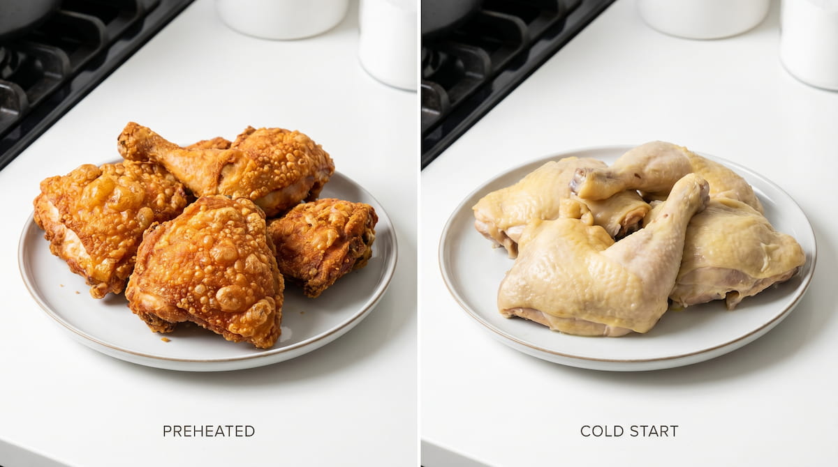preheated vs cold start air fryer chicken cooking results comparison