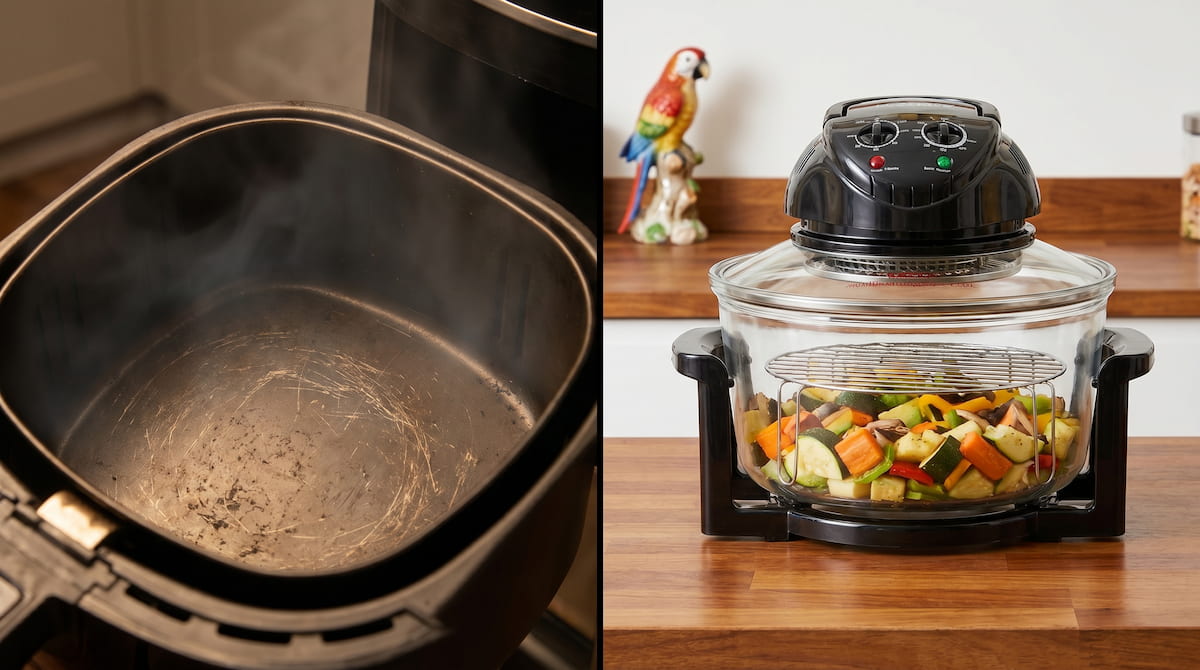 PTFE nonstick air fryer fumes versus glass air fryer bird safe comparison