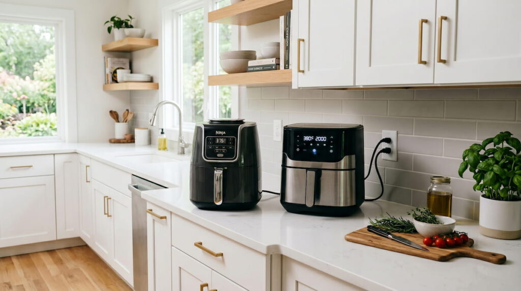 Two air fryers on kitchen counter — PTFE vs PFAS air fryer safety guide 2026