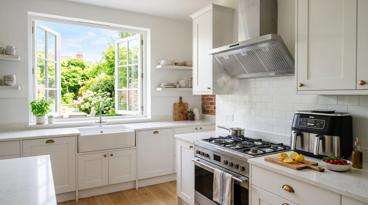 Well ventilated kitchen with air fryer — reducing PTFE and PFAS exposure during cooking