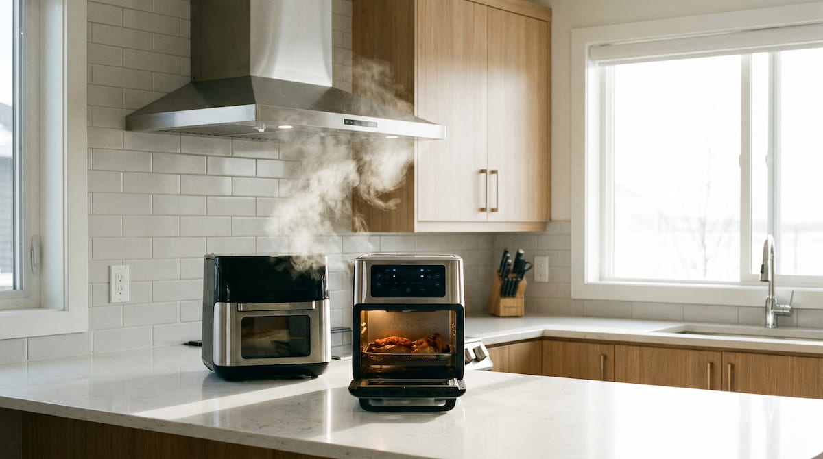 range hood ventilation running above air fryer for safe indoor cooking