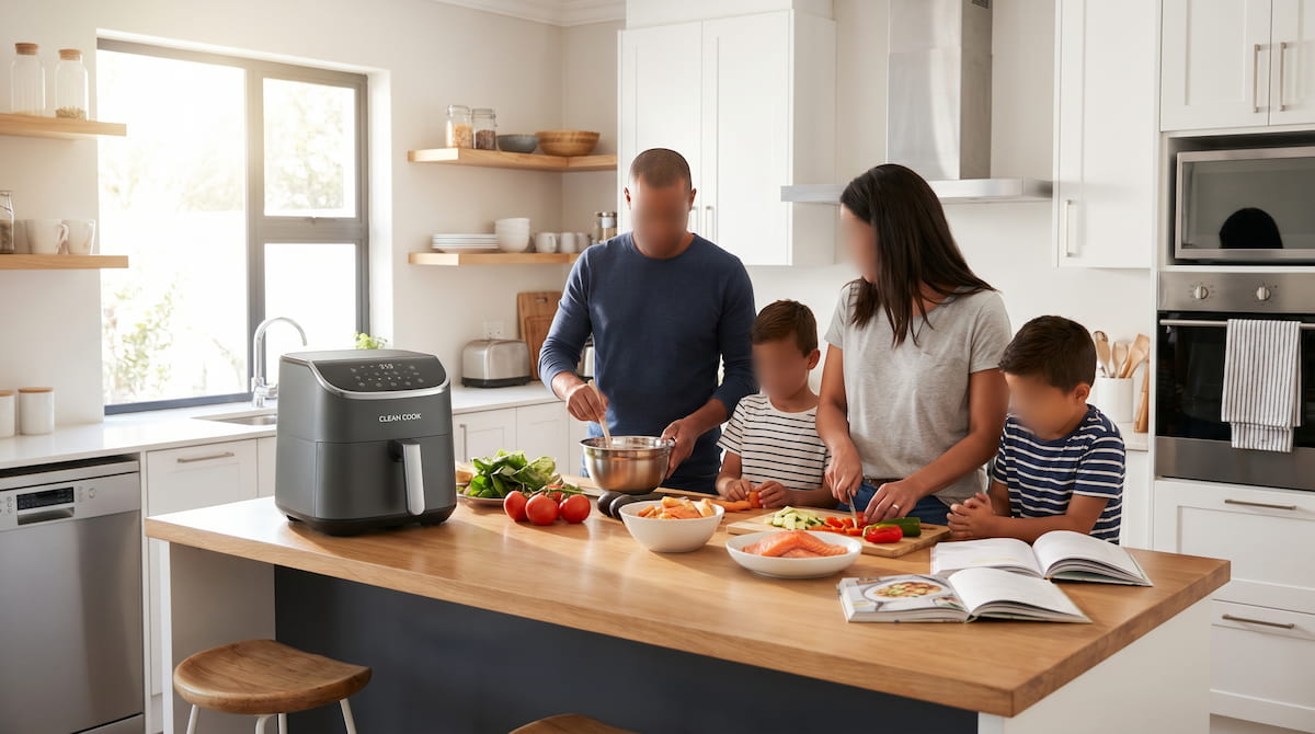 family cooking safely with new PFAS free air fryer in clean kitchen