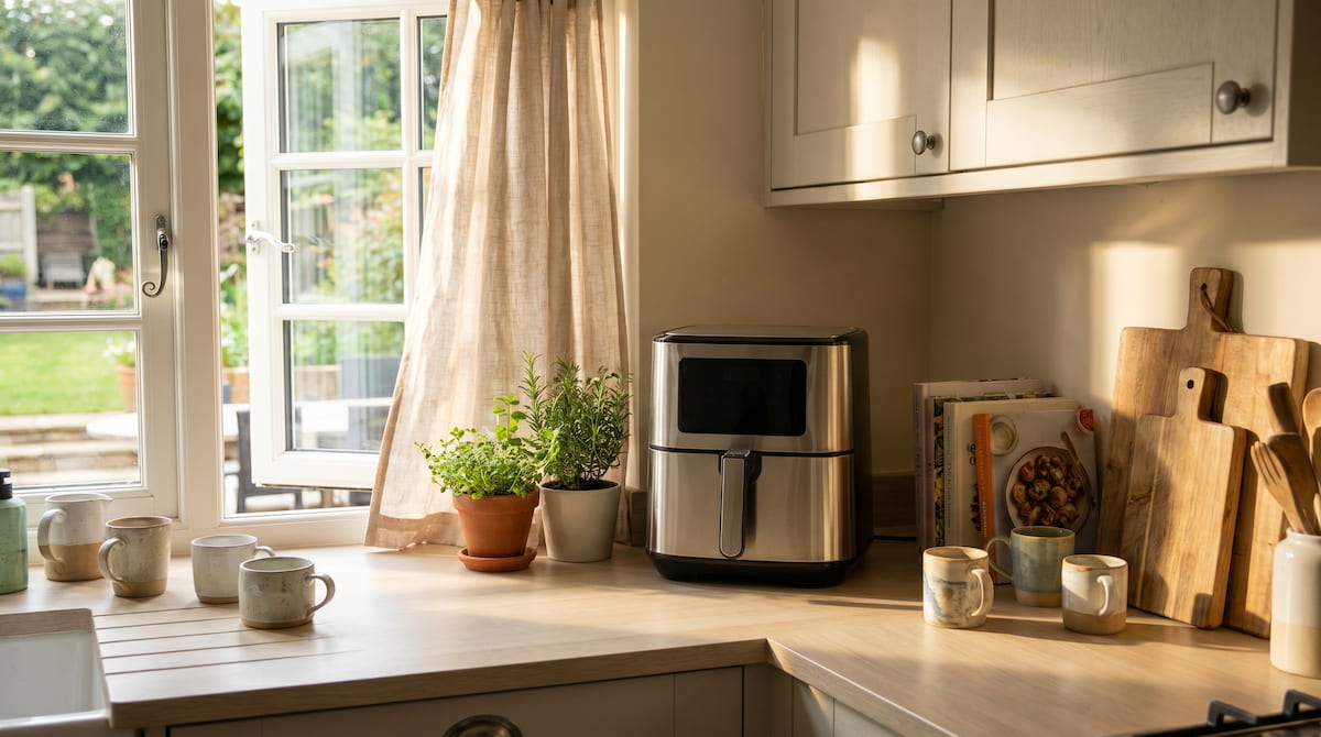 safe ventilated family kitchen with air fryer and open window