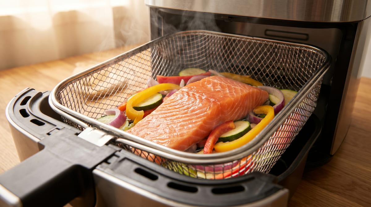 salmon and vegetables cooking in stainless steel air fryer basket