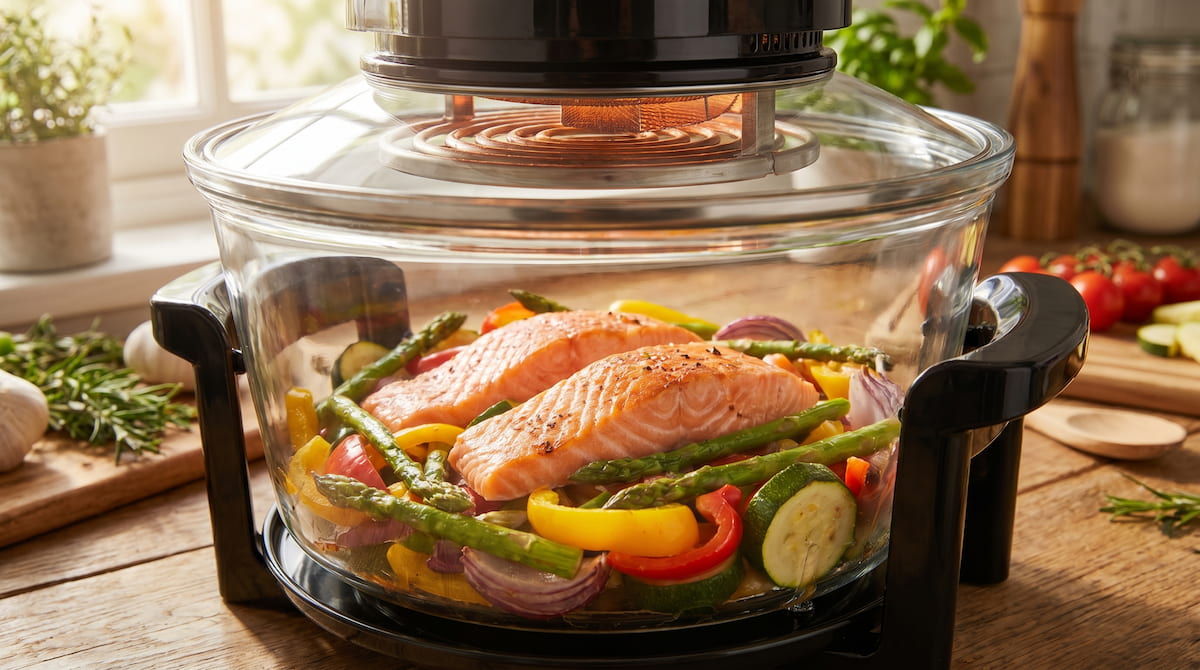 salmon and vegetables cooking inside glass air fryer non toxic environment
