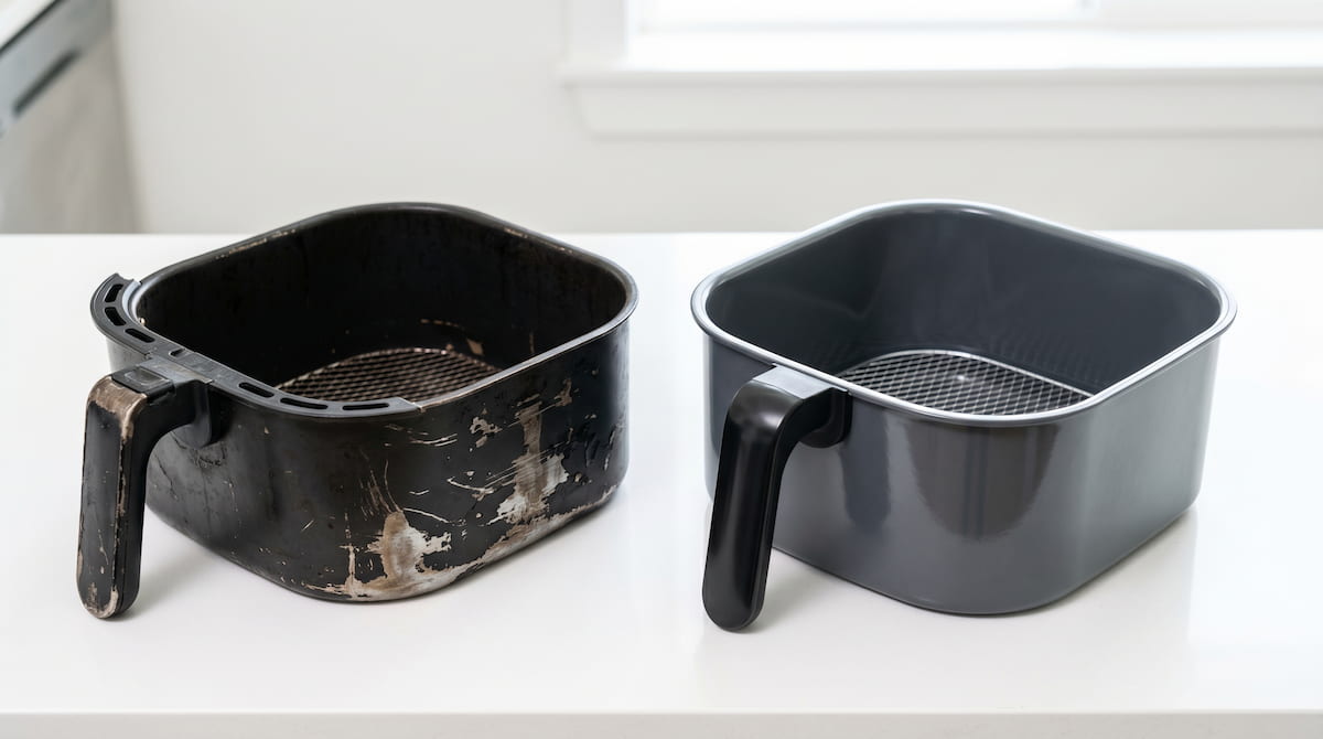 Scratched nonstick vs intact ceramic air fryer basket — chemical release comparison by coating type
