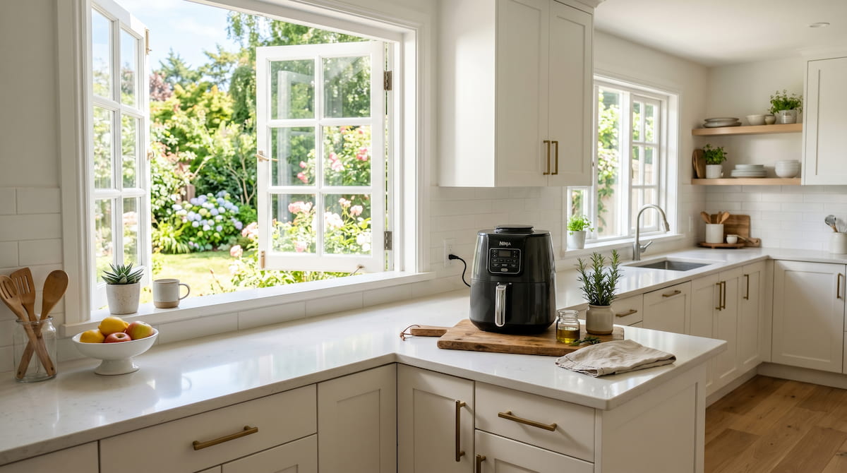 Open kitchen window with air fryer — ventilation helps reduce chemical exposure from scratched baskets