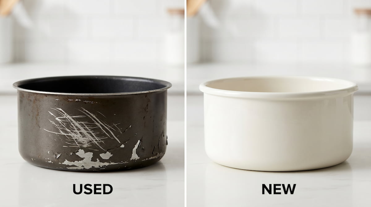 scratched nonstick air fryer basket versus clean ceramic basket comparison