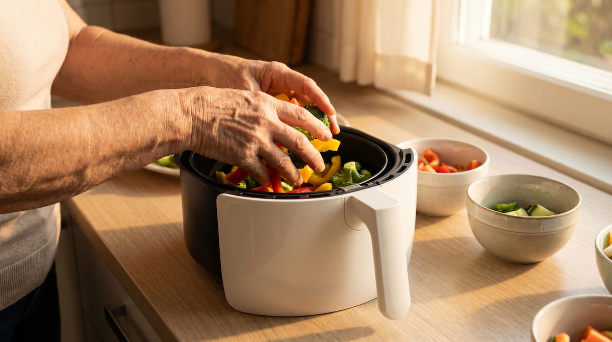 senior hands placing vegetables into ceramic air fryer basket safe easy cooking