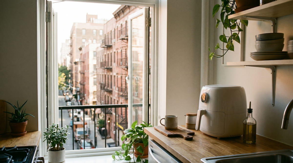 studio apartment kitchen with ceramic air fryer open window city view safe cooking