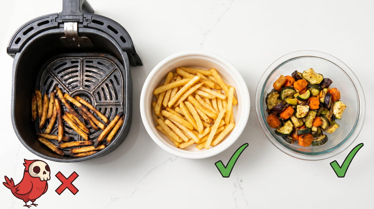 three air fryer surfaces PTFE ceramic glass pet safety comparison flat lay