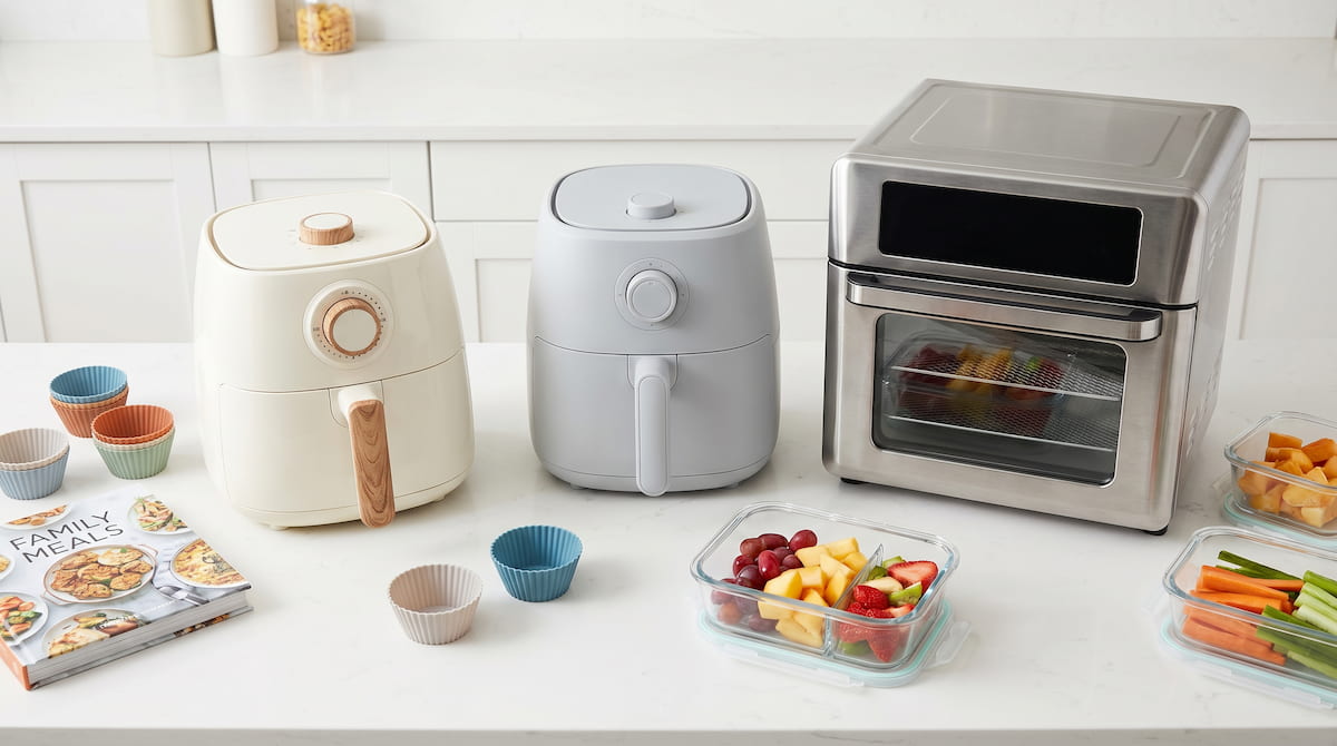 three safe family air fryers different sizes ceramic stainless comparison flat lay