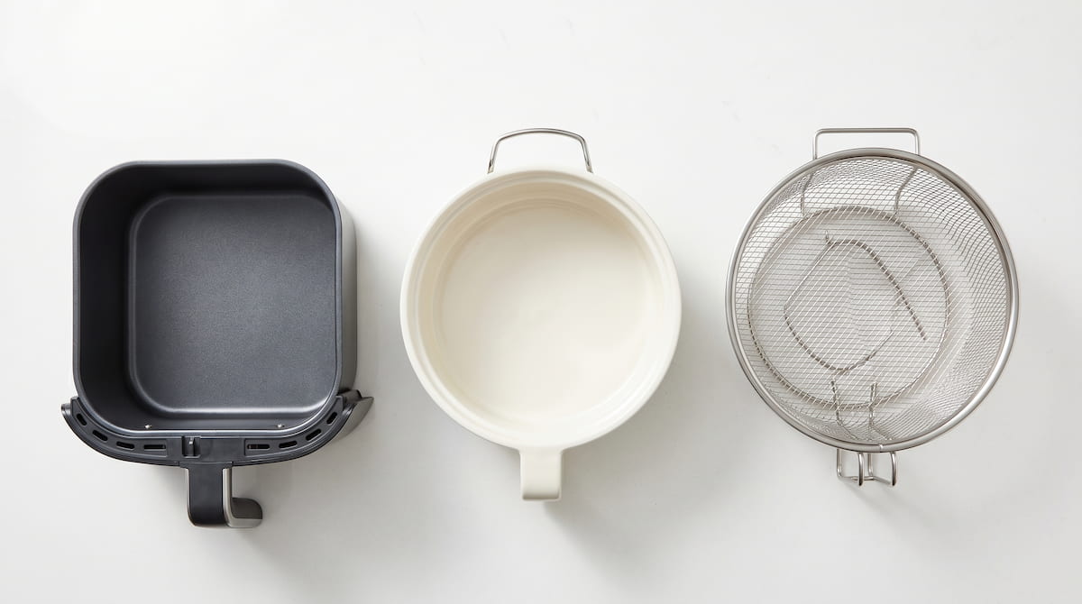 three types of air fryer replacement baskets nonstick ceramic stainless steel