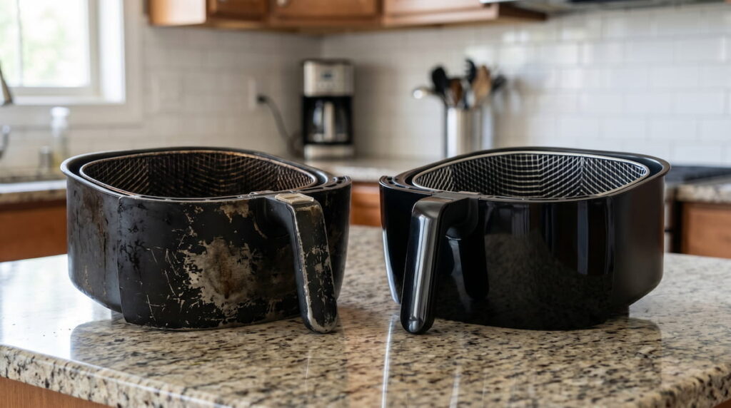 Old and new air fryer baskets showing signs of wear and replacement timing