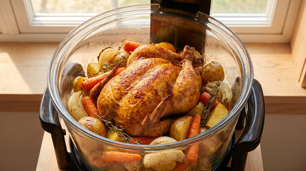 whole chicken and vegetables cooking inside large glass air fryer family meal