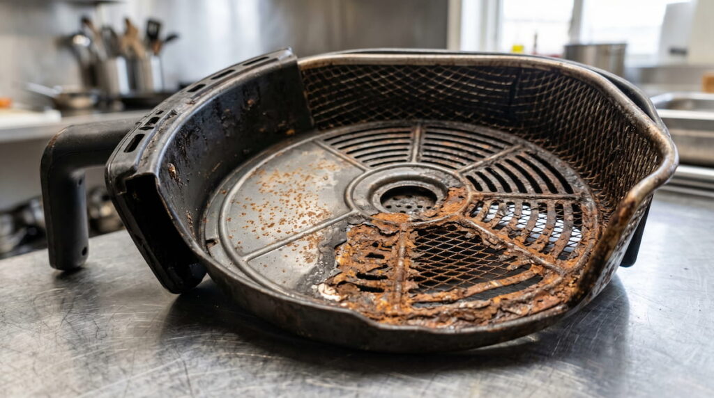 Air fryer basket with visible rust spots