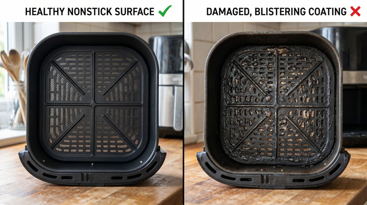 Comparison of normal and bubbling air fryer basket coating