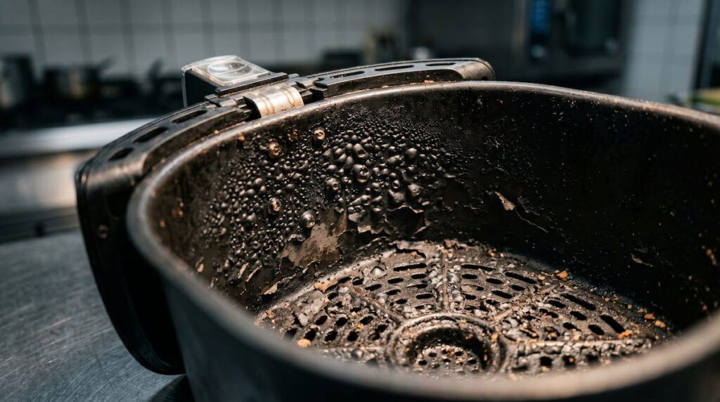 Air fryer basket showing bubbling nonstick coating damage