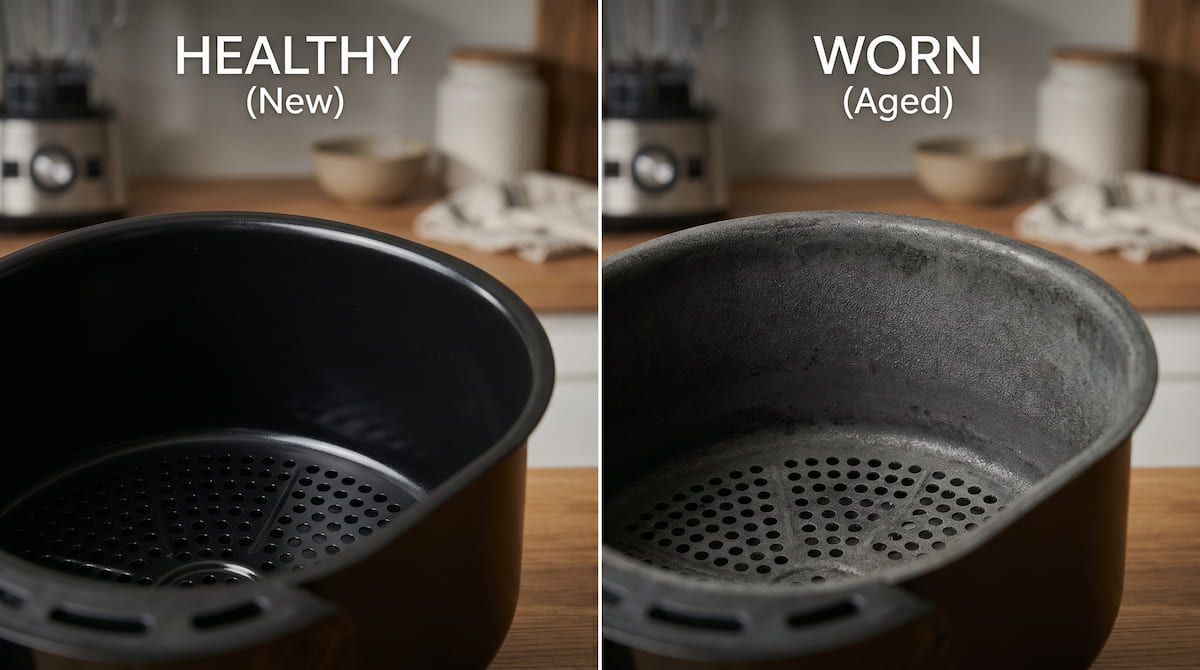 Comparison of intact and worn air fryer basket coating