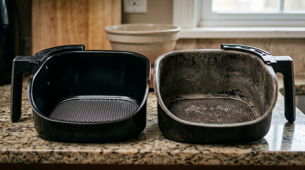 Air fryer basket showing coating wear without visible scratches