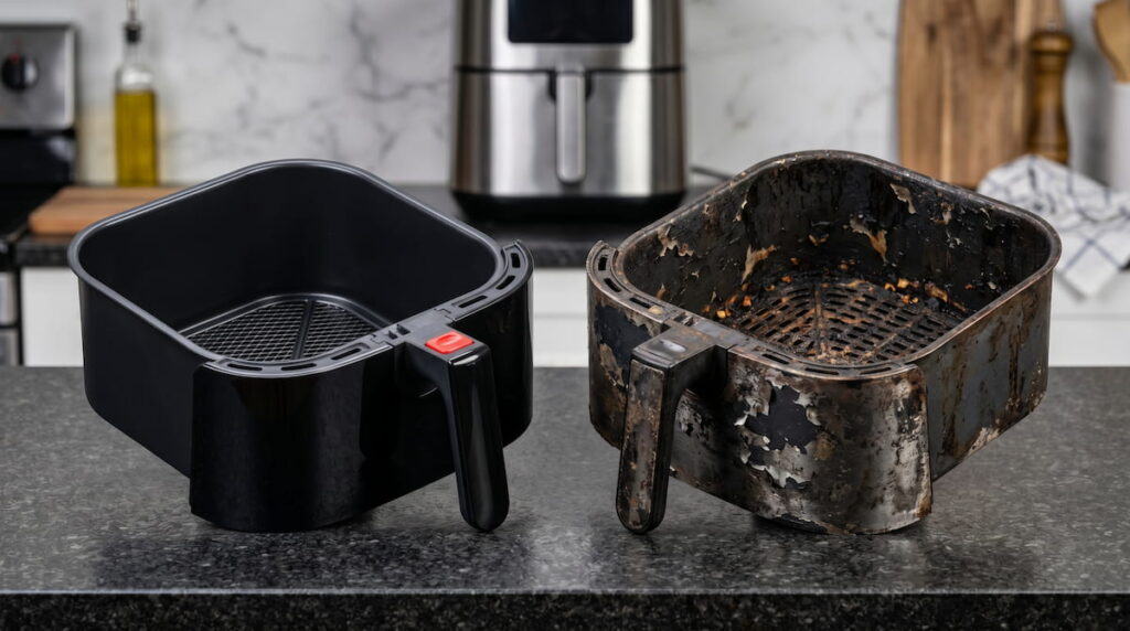 Air fryer basket with worn nonstick coating